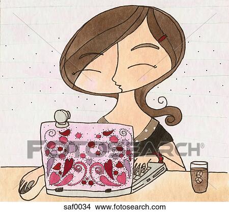 A woman chatting on the internet with her laptop View Large Illustration Stock Illustration - A woman chatting on the internet with her laptop. Fotosearch