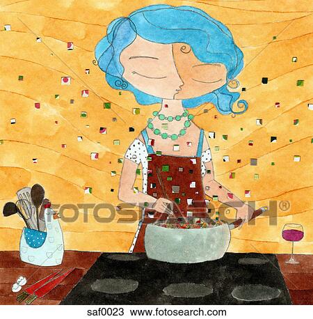 A woman cooking on a stove View Large Illustration Drawing - A woman cooking on a stove. Fotosearch