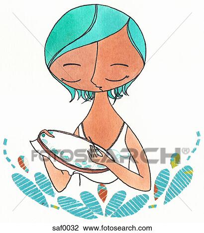 Drawing - A woman doing embroidery. Fotosearch