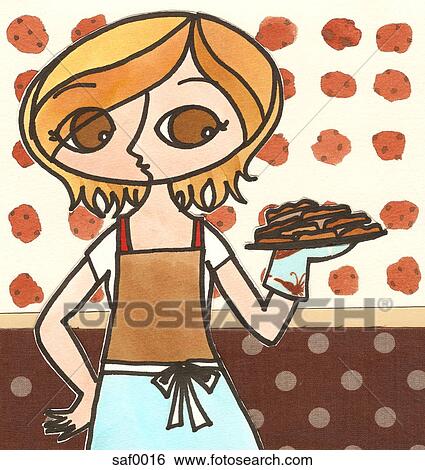 A woman holding a tray of freshly baked cookies View Large Illustration Stock Illustration - A woman holding a tray of freshly baked cookies. Fotosearch