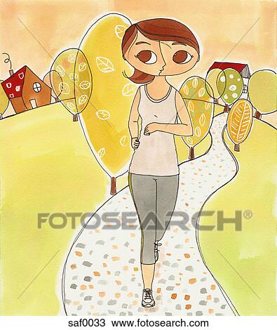 A woman jogging along a path View Large Illustration Drawing - A woman jogging along a path. Fotosearch