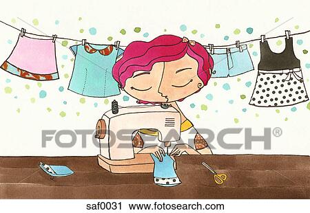 Clip Art - A woman making clothes on a sewing machine. Fotosearch