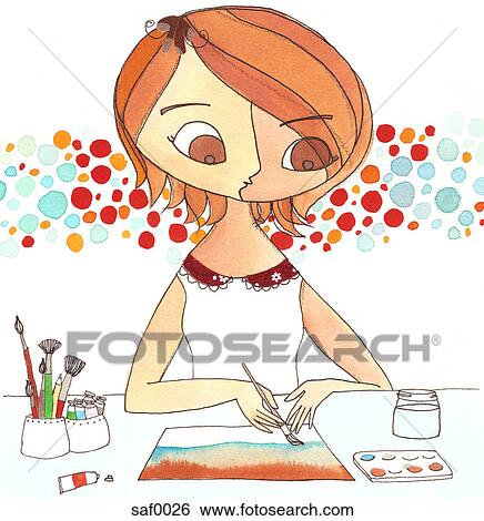 A woman painting with watercolors View Large Illustration Stock Illustration - A woman painting with watercolors. Fotosearch