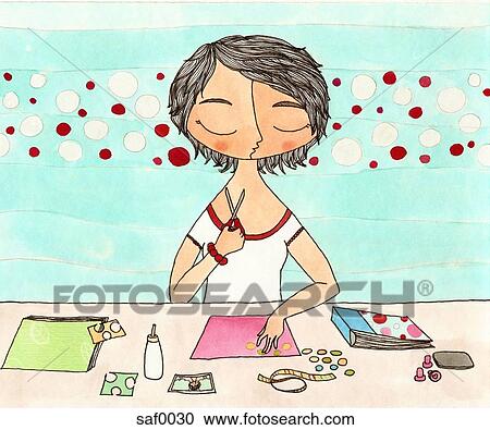 A woman putting together a scrapbook View Large Illustration Clipart - A woman putting together a scrapbook. Fotosearch