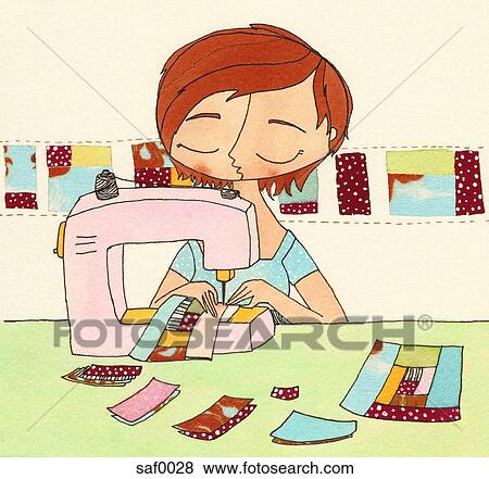 Stock Illustration - A woman sewing a quilt. Fotosearch