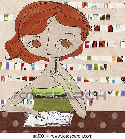 Stock Illustration - A woman thinking about what to write in her journal. Fotosearch