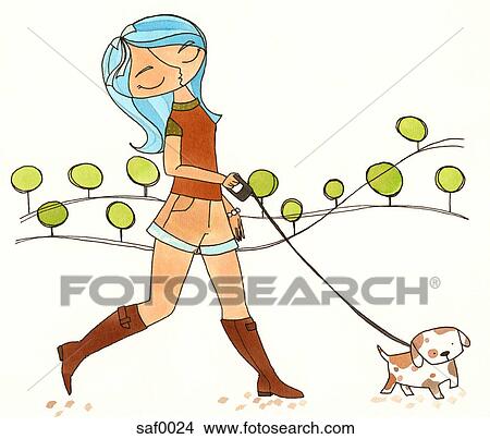 Stock Illustration - A woman walking her dog. Fotosearch