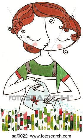 A woman watering her garden View Large Illustration Drawing - A woman watering her garden. Fotosearch