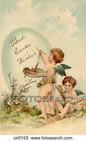 A 型 イースター 葉書 の ２ 天使 絵 イースターエッグ スケッチ Cir0153 Fotosearch