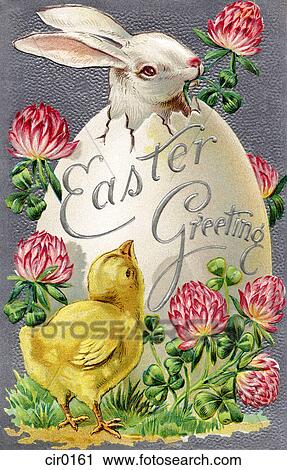 Clip Art - A vintage Easter postcard of a chick looking at a rabbit hatching from an egg. Fotosearch