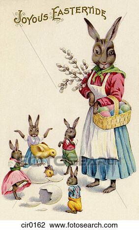 Drawing - A vintage Easter postcard of a rabbit and her rabbit children playing around hatching eggs. Fotosearch