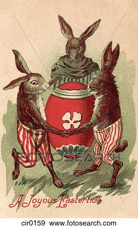 Stock Illustration - A vintage Easter postcard of three rabbits dancing around a painted egg. Fotosearch