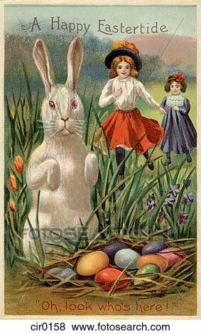 A vintage Easter postcard of two girls running towards a rabbit and a nest of colored eggs View Large Illustration Stock Illustration - A vintage Easter postcard of two girls running towards a rabbit and a nest of colored eggs. Fotosearch