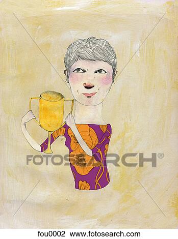 A woman holding a trophy View Large Illustration Drawing - A woman holding a trophy. Fotosearch
