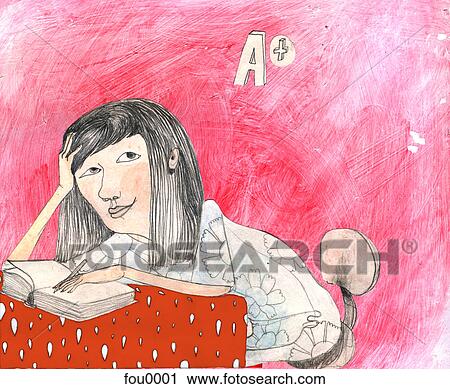 Clip Art - A young girl studying at her desk. Fotosearch