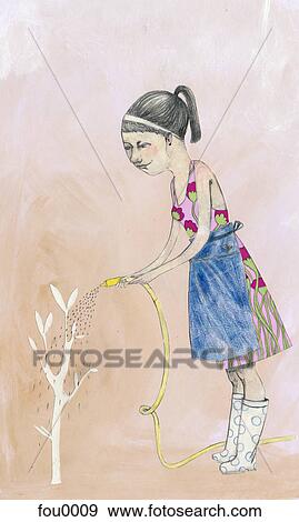 Stock Illustration - A young woman watering a small tree. Fotosearch