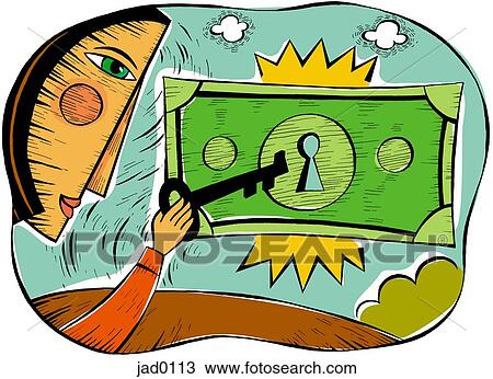 Drawing - Illustration of a woman putting a key through money . Fotosearch