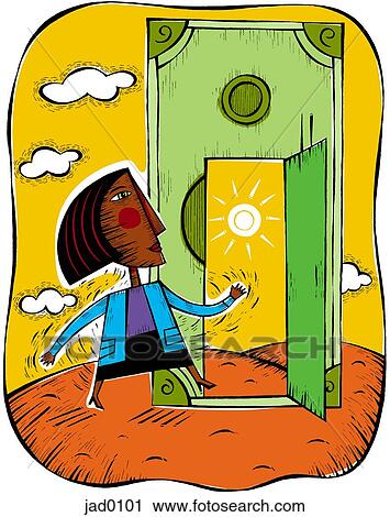 Illustration of a woman walking through a door made of money View Large Illustration Clip Art - Illustration of a woman walking through a door made of money. Fotosearch
