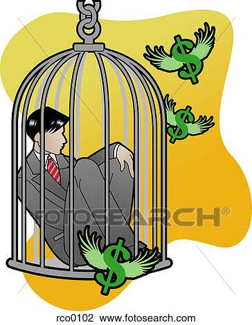 Drawing - A businessman stuck in a bird cage with money flying around. Fotosearch
