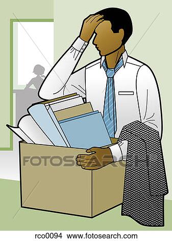 Stock Illustration - A distraught man carrying a box of things. Fotosearch