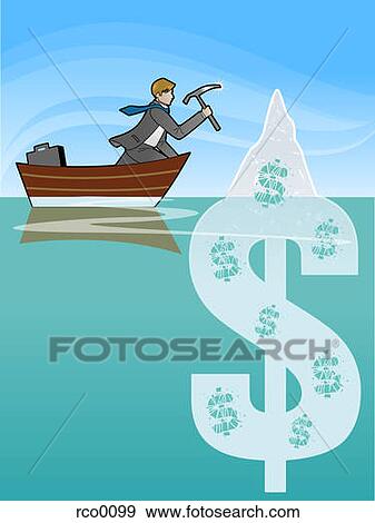 Stock Illustration - A man chipping away at a dollar sign in the water. Fotosearch