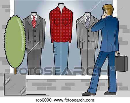 Clipart - A man looking at business suits in a window. Fotosearch