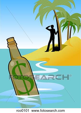 Clip Art - A man on an island and a bottle with a dollar sign in the foreground. Fotosearch