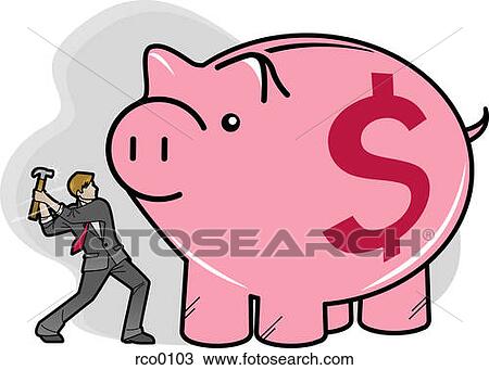 A small businessman holding a hammer to a large piggy bank View Large Illustration Drawing - A small businessman holding a hammer to a large piggy bank. Fotosearch