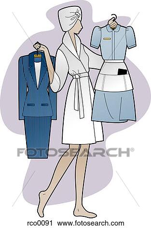 Clip Art - A woman holding a business suit and a maid's outfit. Fotosearch