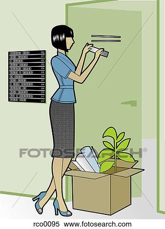 Stock Illustration - A woman taking down the name plate on her door. Fotosearch