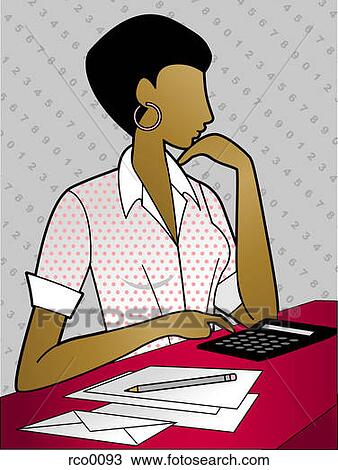 Drawing - A woman using a calculator. Fotosearch