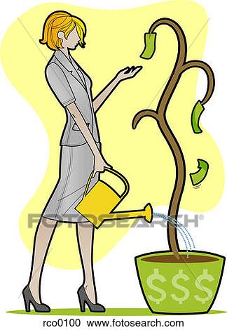 Clipart - A woman watering a plant with few dollar bills. Fotosearch