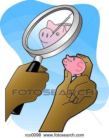 Stock Illustration - Hands holding magnifying glass whild looking at a small piggy bank. Fotosearch