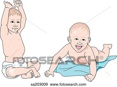 Stock Illustration - Two babies, one sitting with arms raised above the head, the other lying upon stomach lifting head and shoulders supported upon arms. . Fotosearch
