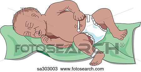 Drawing - View of a baby sleeping on a blanket.. Fotosearch