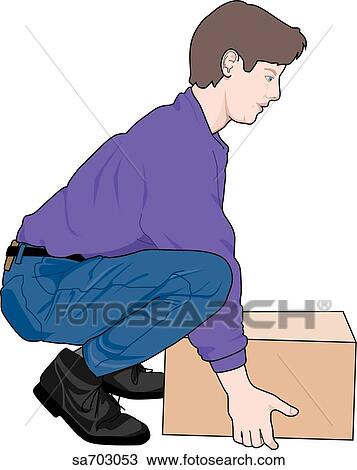 Adult male demonstrating proper lifting technique, keeping spine relatively straight while lifting weight with legs. View Large Illustration Drawing - Adult male demonstrating proper lifting technique, keeping spine relatively straight while lifting weight with legs.. Fotosearch