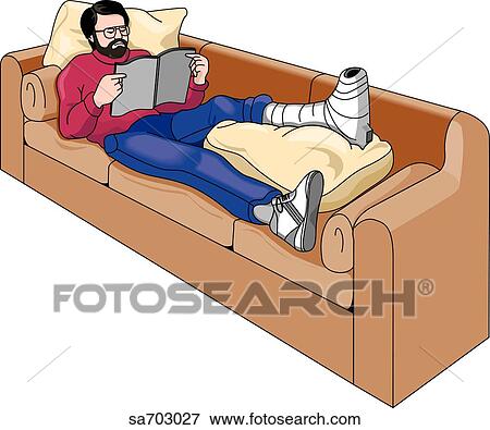 Adult male relaxing on couch with casted leg elevated on pillows. View Large Illustration Stock Illustration - Adult male relaxing on couch with casted leg elevated on pillows.. Fotosearch