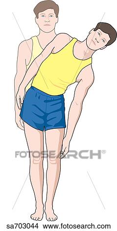 Stock Illustration - Anterior view of adult male figure as he executes a lateral bend of the spine.. Fotosearch