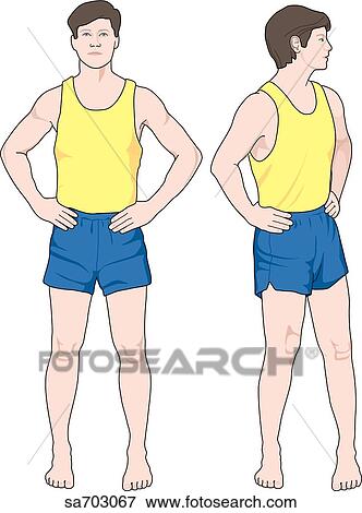 Stock Illustration - Anterior view of adult male figure as he executes rotation of the spine by twisting his upper body to his left.. Fotosearch