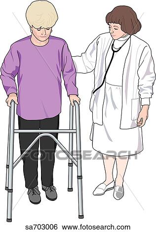 Elderly person being assisted by healthcare professional in the use of a walker. View Large Illustration Stock Illustration - Elderly person being assisted by healthcare professional in the use of a walker.. Fotosearch