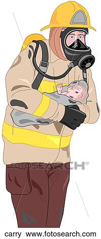 Stock Illustration - Fireman Carrying Child. Fotosearch
