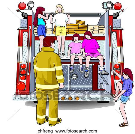 Drawing - Children with Fire Engine. Fotosearch