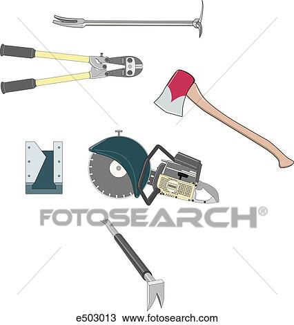 A collection of forceable entry tools tools used by a rescue team including a bolt cutter, a Haligan bar ram, a K-tool, an A-tool, and a combination axe/bar tool. View Large Illustration Drawing - A collection of forceable entry tools tools used by a rescue team including a bolt cutter, a Haligan bar ram, a K-tool, an A-tool, and a combination axe/bar tool.. Fotosearch