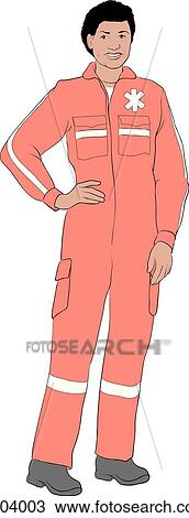 Drawing -  a female emergency medical technican with various layers of equipment and clothing that can be mixed and matched.. Fotosearch