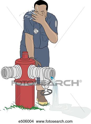 A firefighter cools off at a fire hydrant after battling a fire. View Large Illustration Stock Illustration - A firefighter cools off at a fire hydrant after battling a fire.. Fotosearch