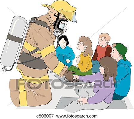 A firefighter in full fire gear and SCBA visits an elementary school classroom in order to familiarize the children with how firefighters may appear in case of an emergency. View Large Illustration Stock Illustration - A firefighter in full fire gear and SCBA visits an elementary school classroom in order to familiarize the children with how firefighters may appear in case of an emergency.. Fotosearch