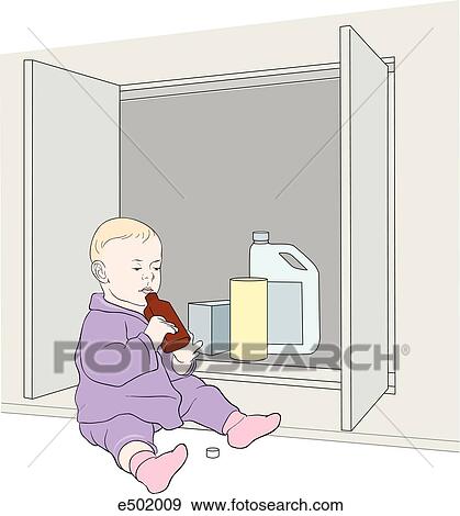 A toddler has found an unlocked cabinet containing poisonous substances and is about to drink some. View Large Illustration Stock Illustration - A toddler has found an unlocked cabinet containing poisonous substances and is about to drink some.. Fotosearch