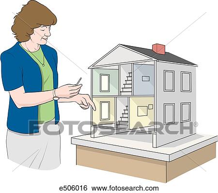 Stock Illustration - A woman teaches fire prevention, safety, and escape using a dollhouse-like hazard house.. Fotosearch