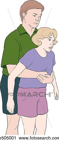 An adult applies abdominal thrust technique (Heimlich maneuver) to a choking older female child. View Large Illustration Clip Art - An adult applies abdominal thrust technique (Heimlich maneuver) to a choking older female child.. Fotosearch