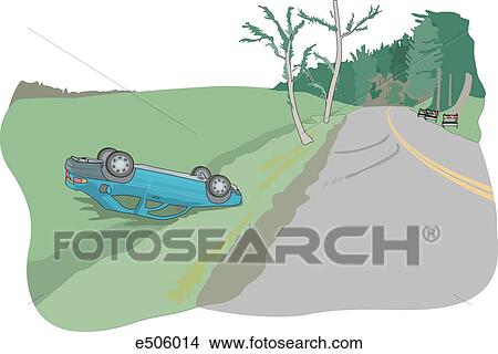 Stock Illustration - An automobile has skidded off a country road and ended up overturned on the embankment.. Fotosearch